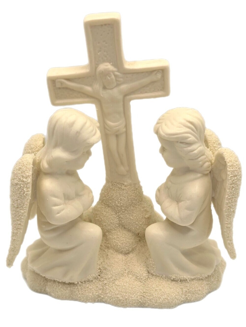 Porcelain Ivory Angel Figurine Pair Kneeling At Cross